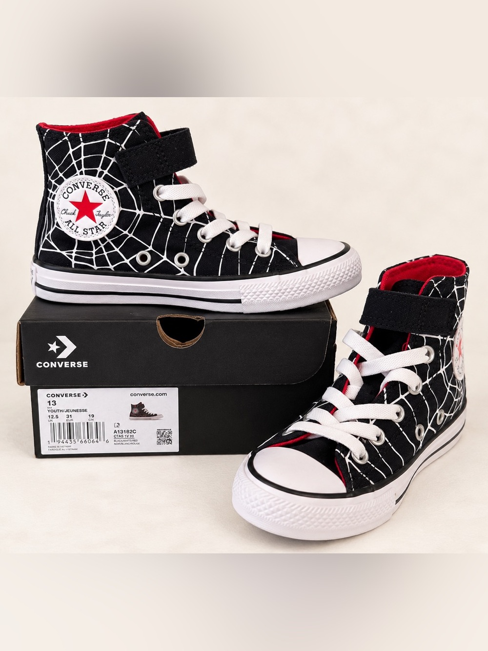 Converse All Star Kids Black Spiderweb High Top Sneakers with Red Lining Sz 13